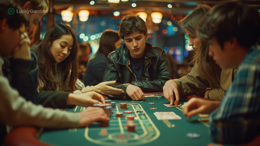 A strategic group of players at a blackjack table