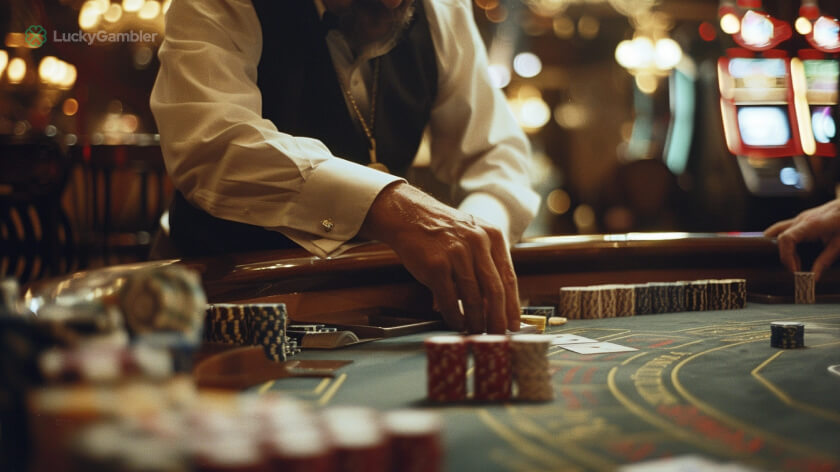 Close-up of a blackjack dealer shuffling cards