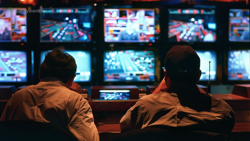 Surveillance cameras in a casino setting with monitors displaying multiple blackjack tables