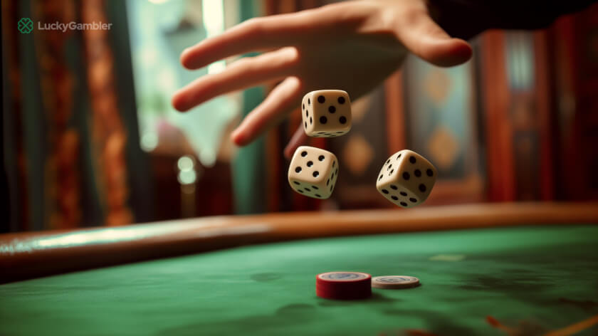 Image of a craps table with dice and various betting areas