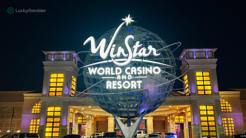 WinStar World Casino is illuminated at night, the largest casino in the United States