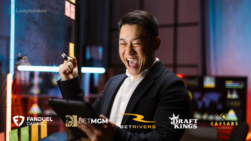 Happy man winning at an online casino, showcasing popular platforms like Caesars, FanDuel, BetMGM, DraftKings, and BetRivers on his tablet