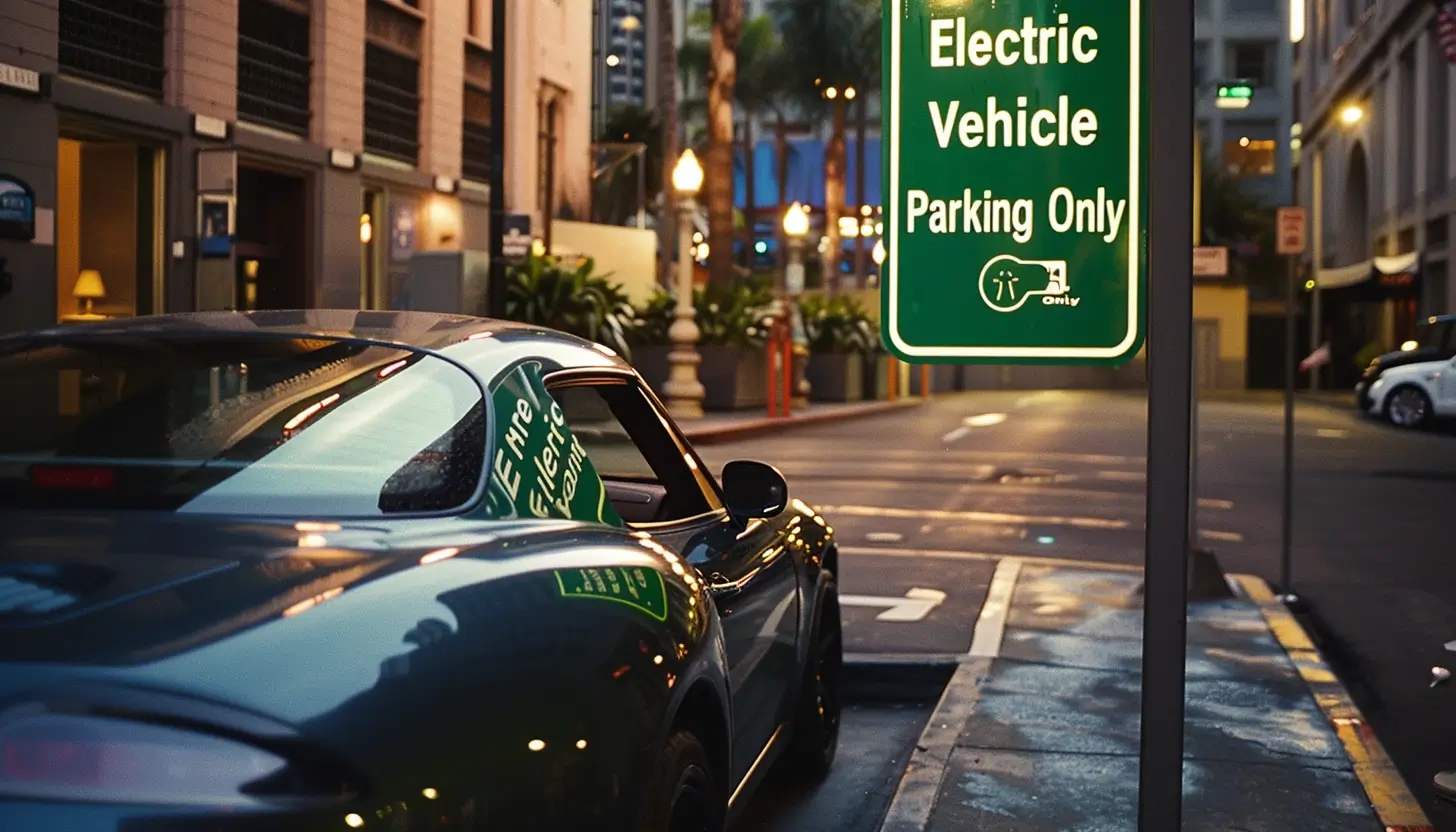 Electric vehicle parked next to an Electric Vehicle Free Parking Only sign at a hotel