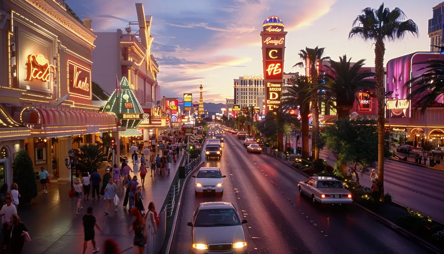 image of evening view of Las Vegas with happy visitors enjoying the vicinity