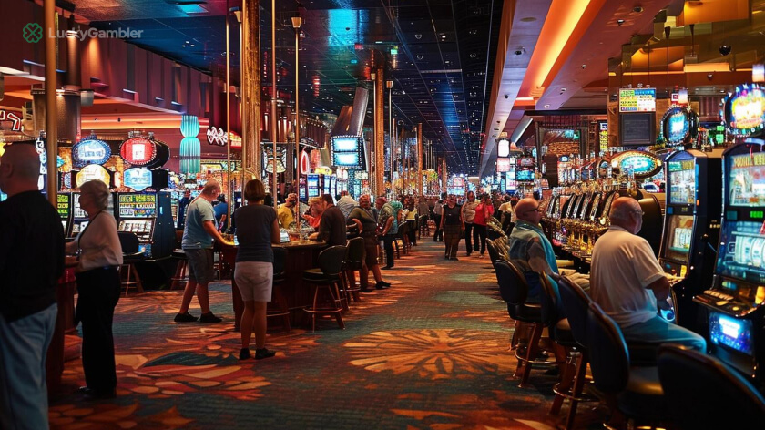 Image of a casino during peak hours with a large number of players, highlighting a bustling and vibrant environment