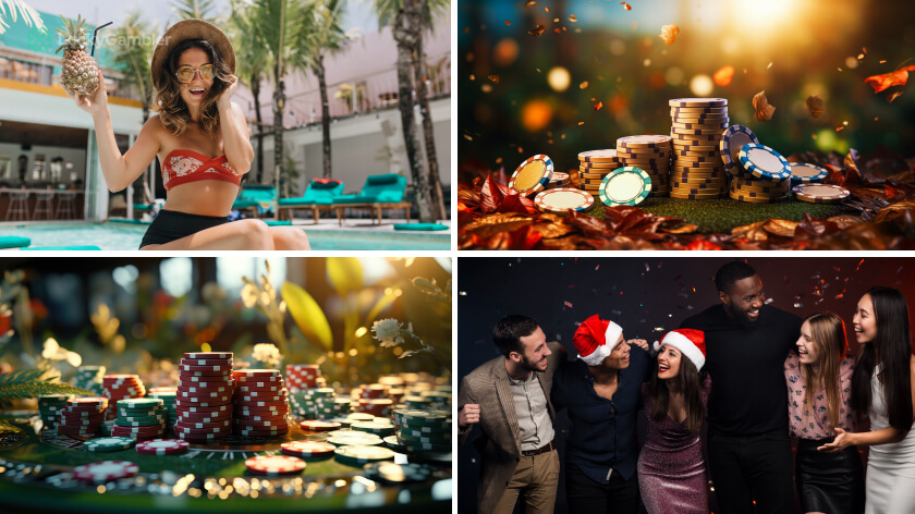 Collage of casino images in different seasons (spring, summer, autumn, winter), showing the changing atmosphere with season-specific decorations and elements