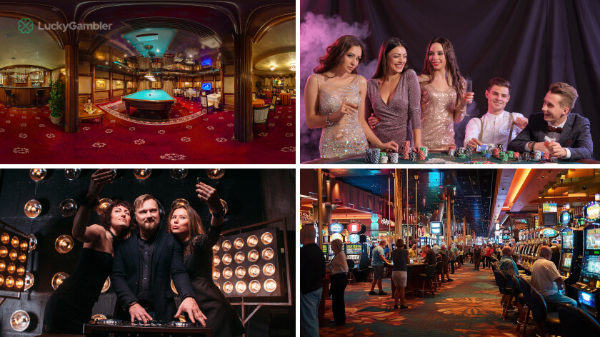 A collage showing the changing atmosphere in a casino throughout the day: morning calm, daytime activity, and evening peak