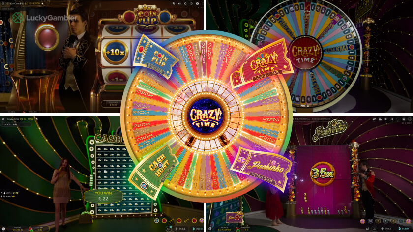 A collage of images of each bonus round and the Coin Flip, Pachinko, Cash Hunt, and Crazy Time multipliers