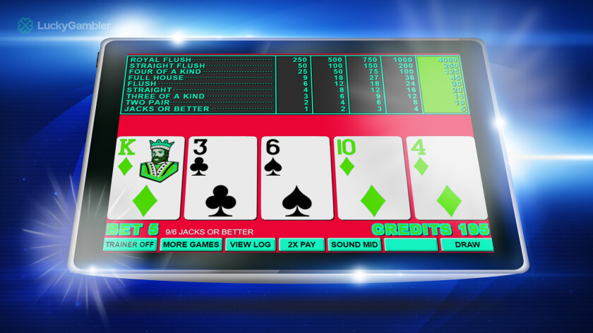 Video poker screen showing typical game interface with dealt cards