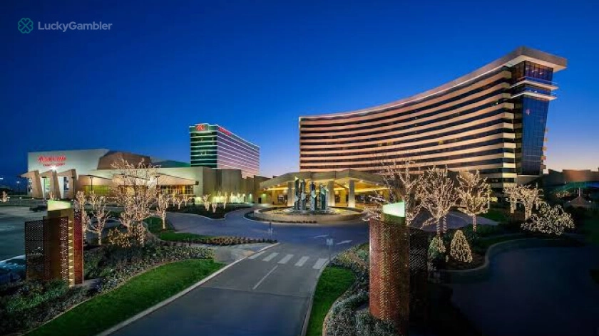 View of Choctaw Casino Resort in Durant, OK, the eighth-largest casino in the US, with its grand entrance and landscaping