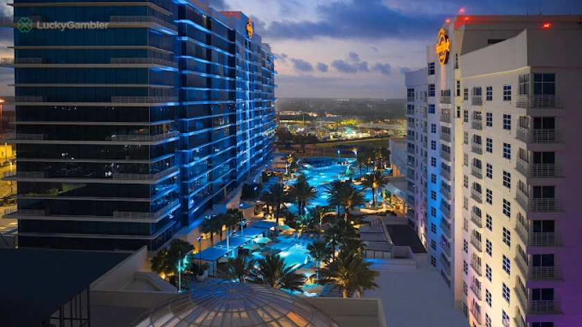 Front entrance view of Seminole Hard Rock Hotel & Casino in Tampa, FL, the fifth-largest casino in the US