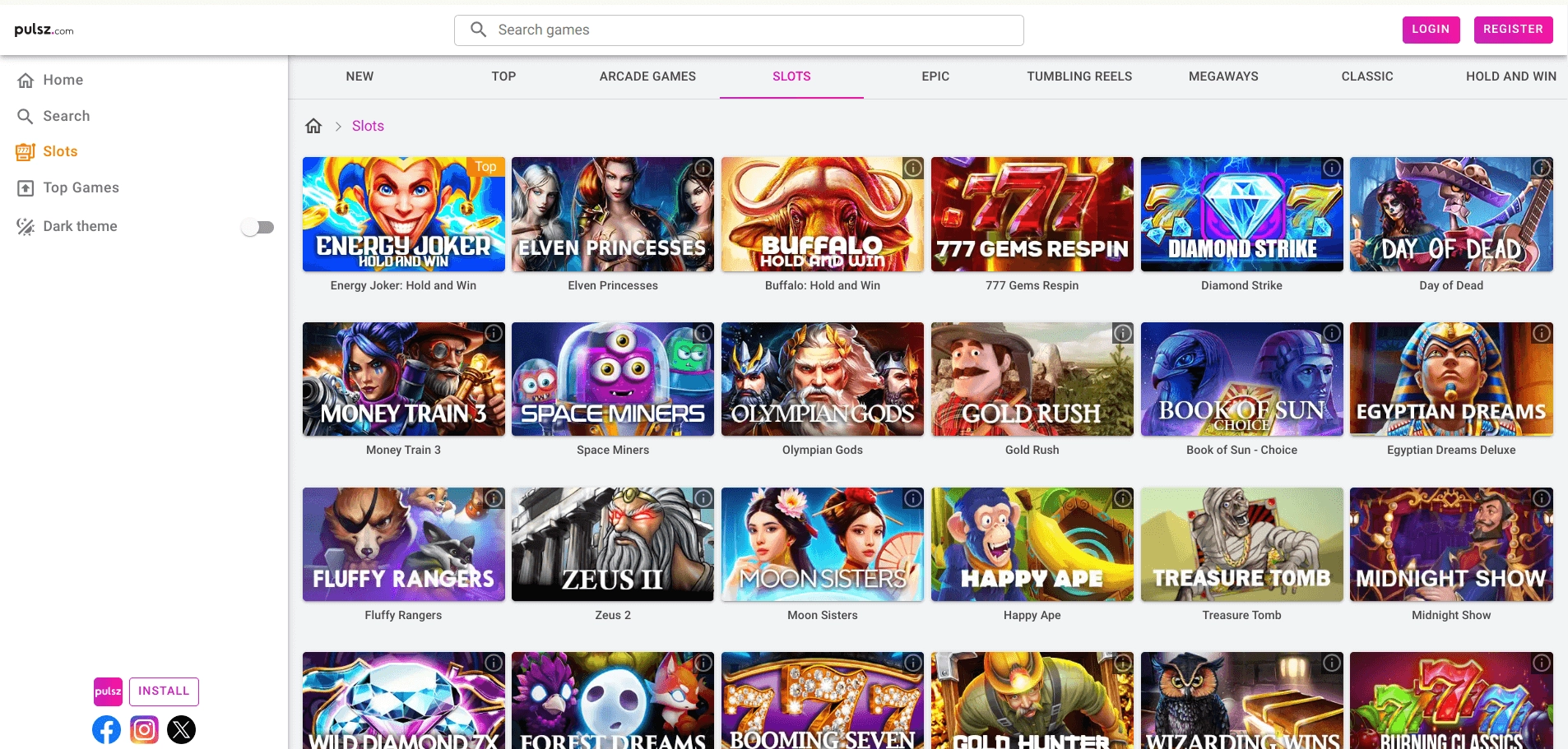 Image of slot games at Pulsz Social Casino